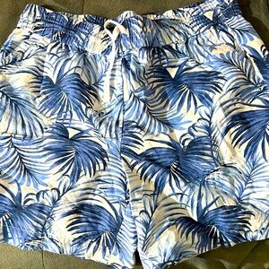 Talbots Blue and White Tropical Print Shorts, linen/cotton. Good condition